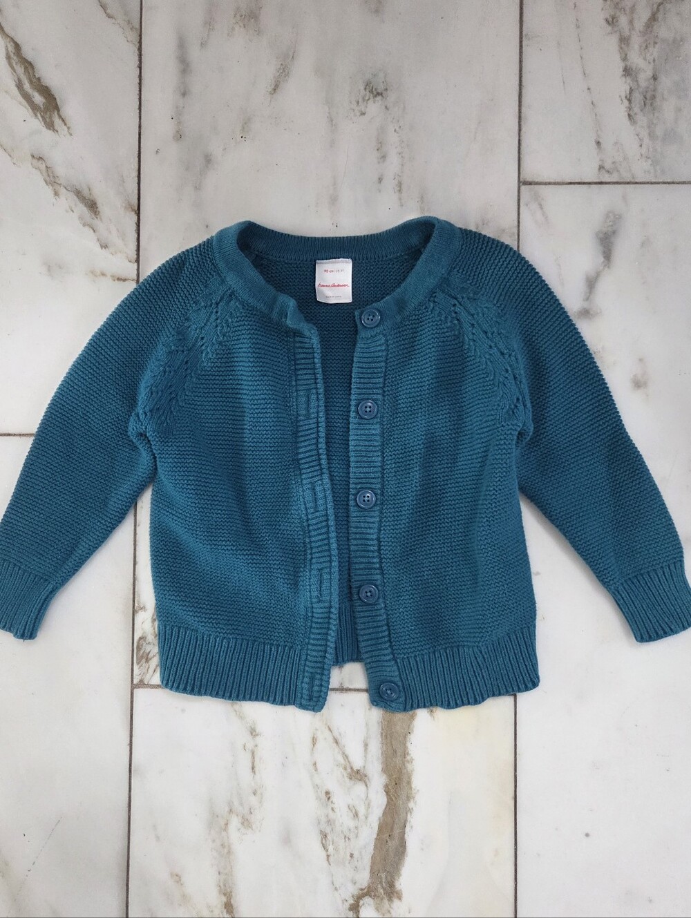 Hanna Andersson Teal Cotton Knit Cardigan Cable Knit Sweater Size 90 Cm 3T